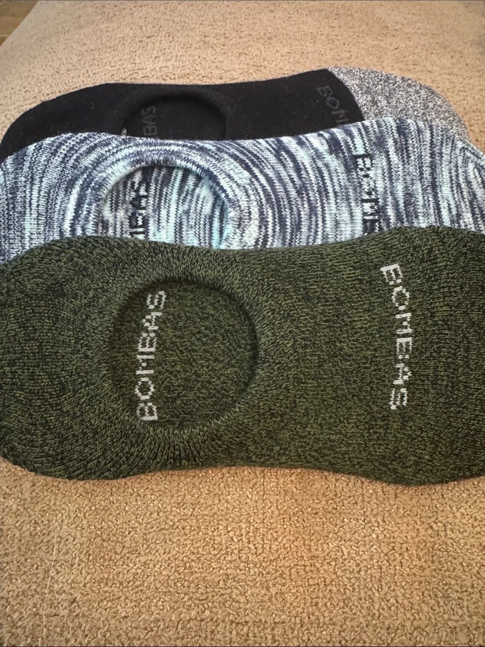 Bombas Unisex No-Show Sock Trio — Black, Olive, Blue Marled